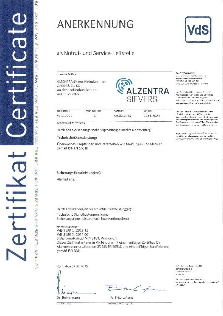 AWZ-Zertifikat VdS 3138 als NSL