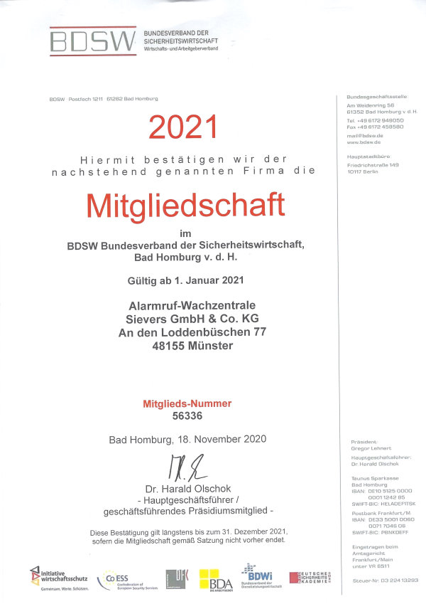 Mitglied im Bundesverband der Sicherheitswirtschaft (BDSW)