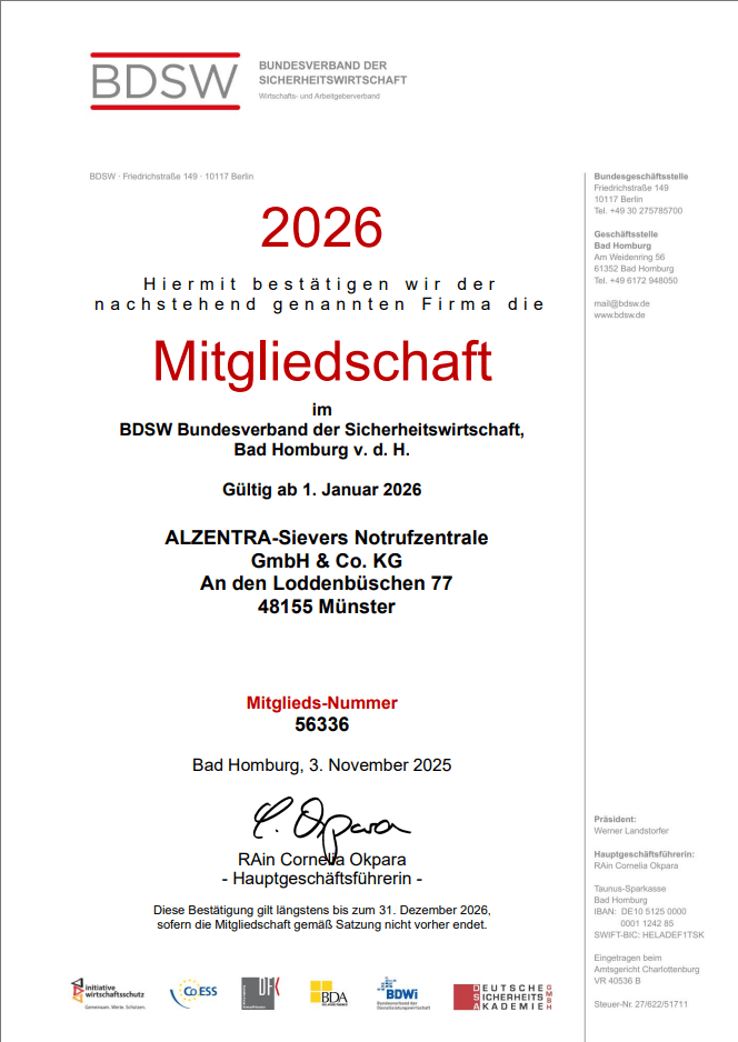Mitgliedschaftbestätigung der ALZENTRA-Sievers im BDSW für 2026