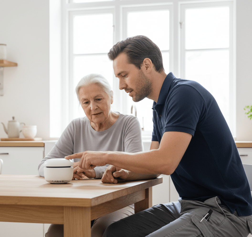 Ein Techniker von AUTAVIE-Sievers stellt einer älteren Frau in ihrer Küche das CARU care Hausnotrufgerät vor